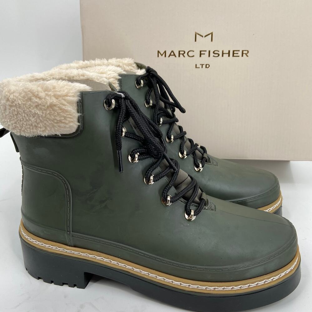Marc Fisher Fairly Boot Size 7 Green Waterproof Winter Lace Up Faux Fur
